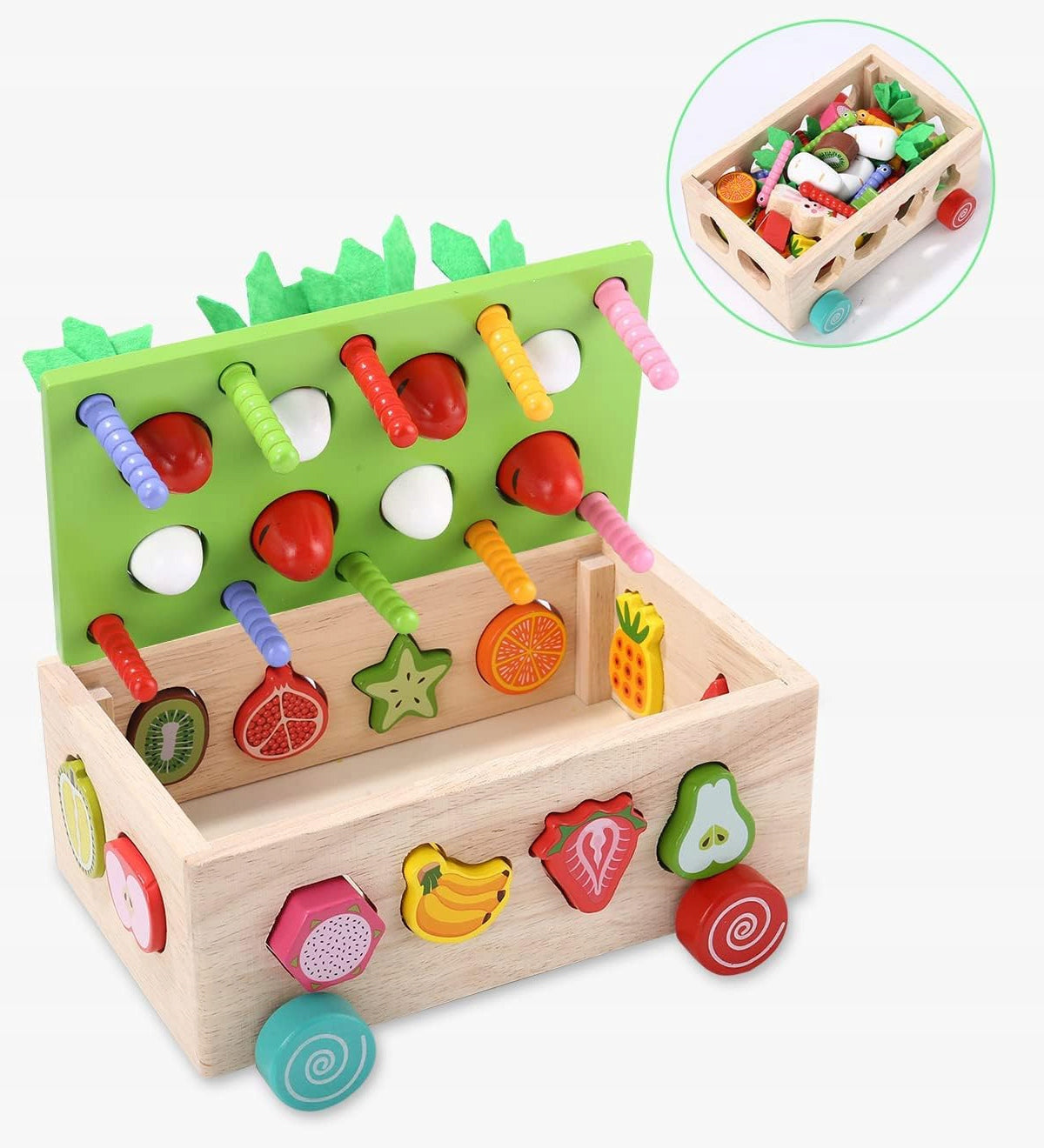 Sorter Montessori Złap robaczka – drewniany wózek z marchewkami