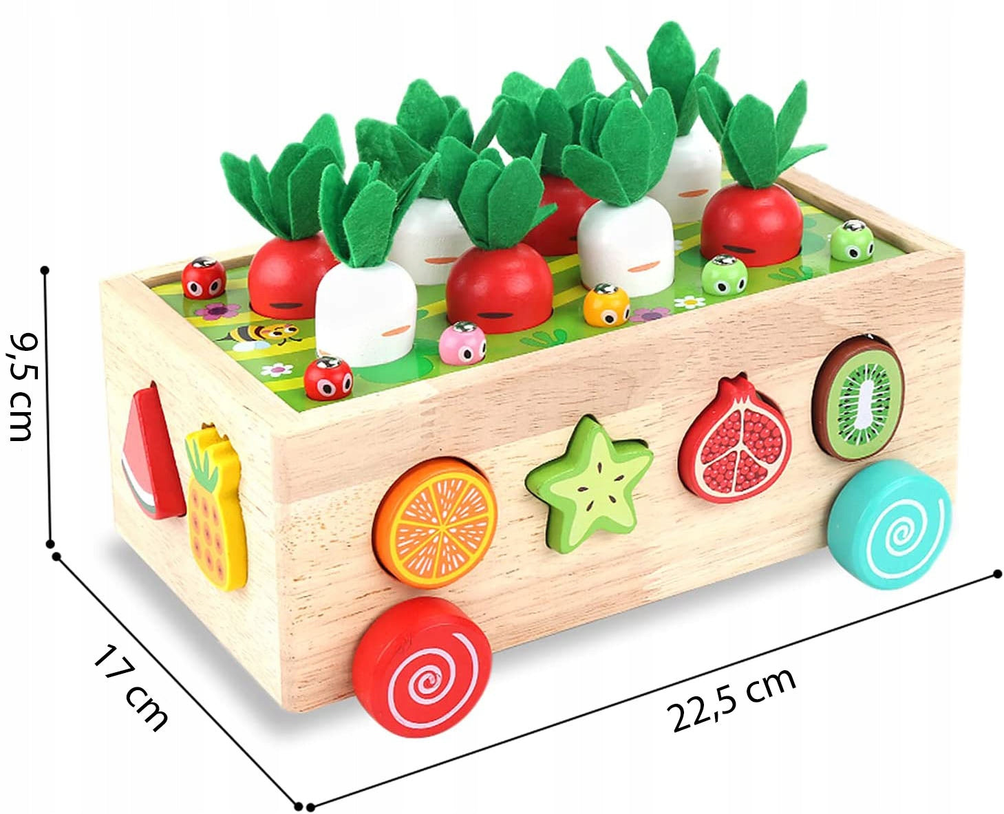 Sorter Montessori Złap robaczka – drewniany wózek z marchewkami