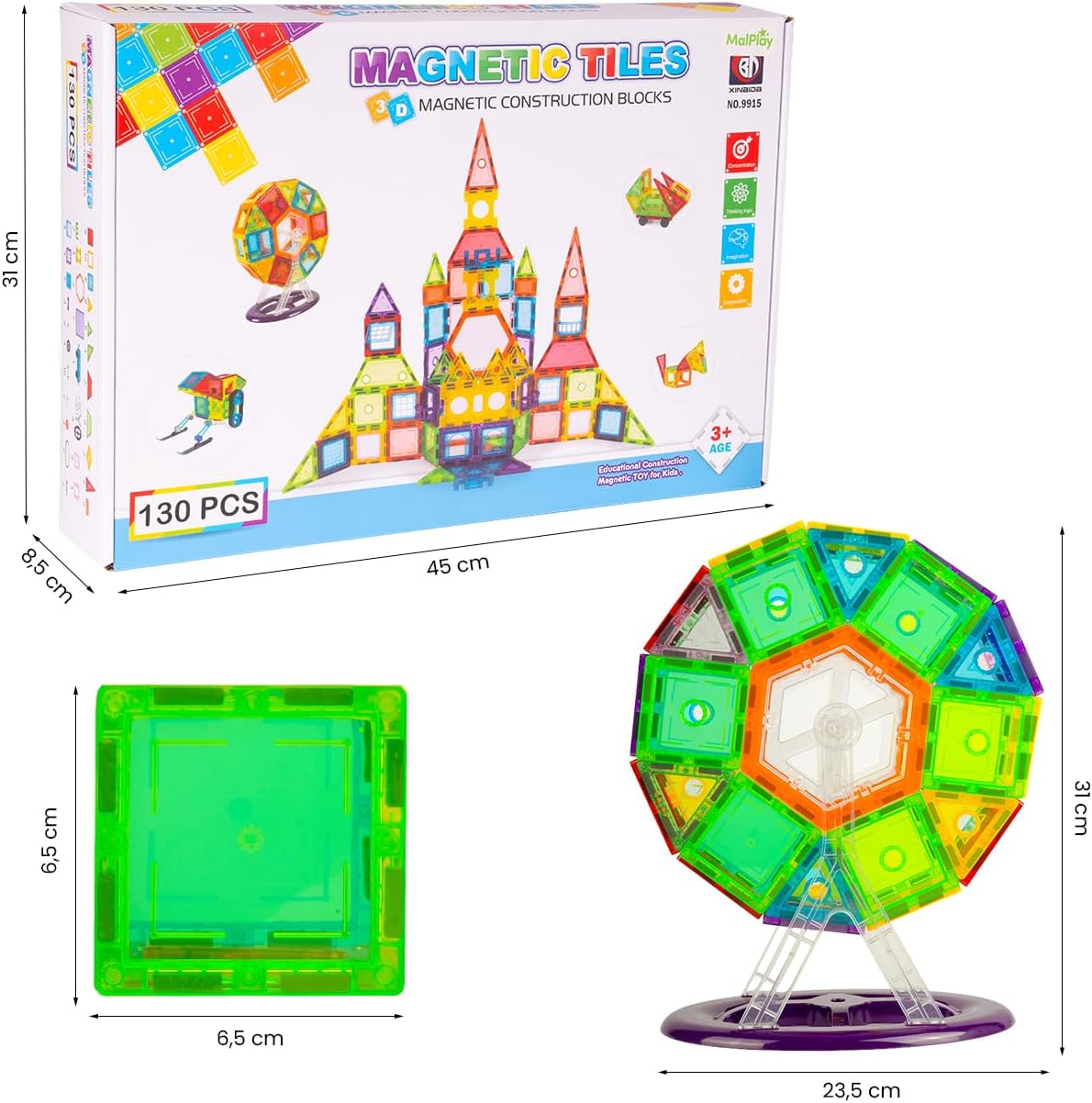 Klocki magnetyczne MalPlay 130 el. – zestaw konstrukcyjny 3+