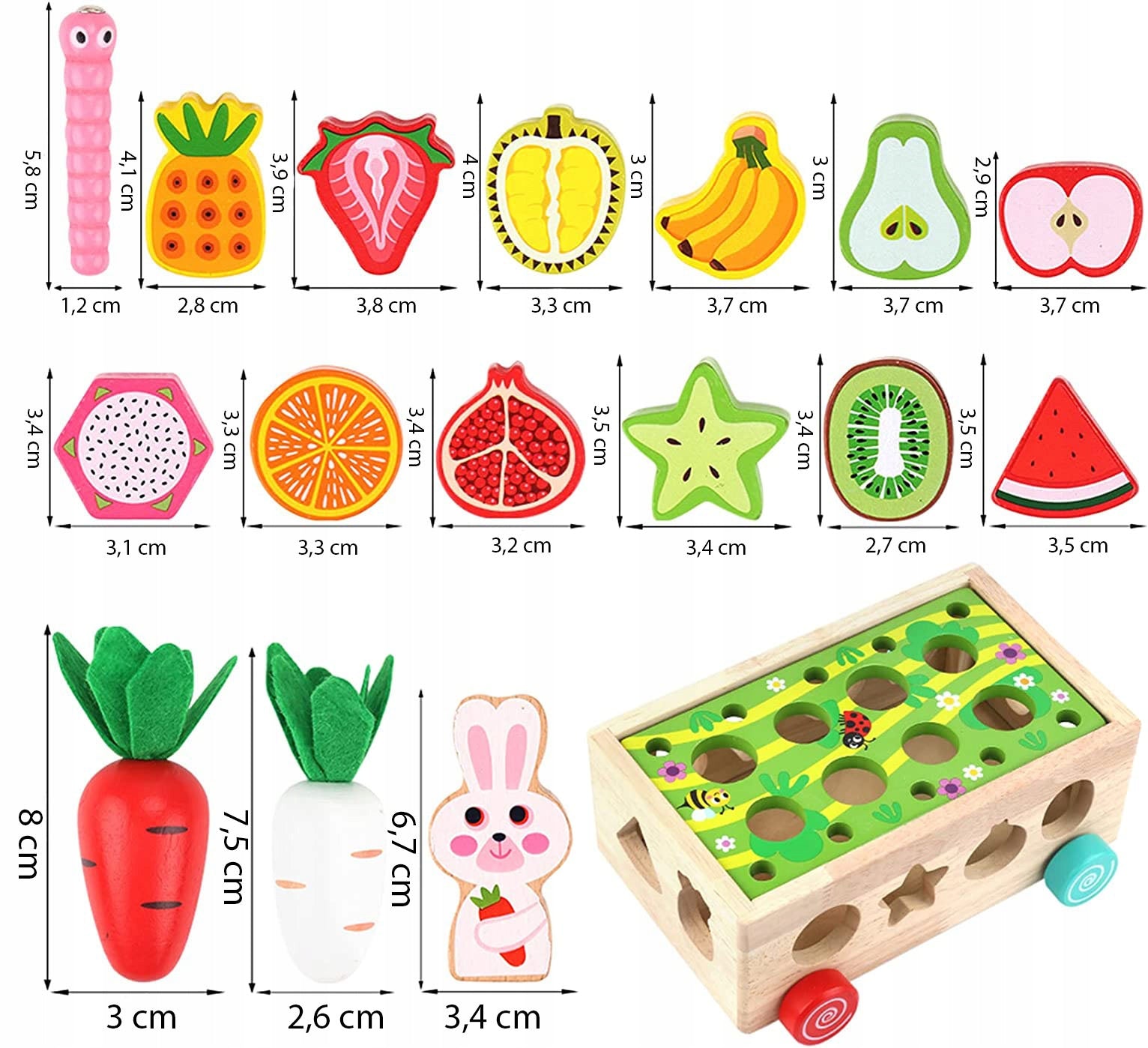 Sorter Montessori Złap robaczka – drewniany wózek z marchewkami