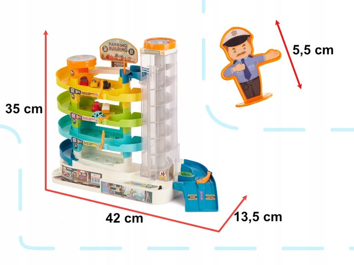 Parking wielopoziomowy z torem + 6 autek – zestaw interaktywny