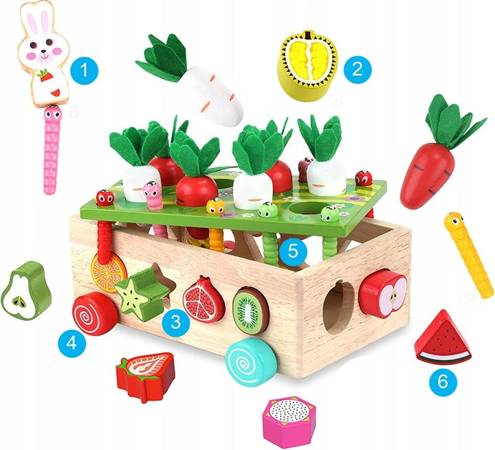 Sorter Montessori Złap robaczka – drewniany wózek z marchewkami
