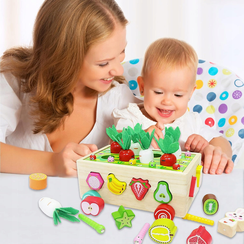 Sorter Montessori Złap robaczka – drewniany wózek z marchewkami